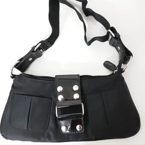 Cute REQUEST Black Nylon & Faux Patent Leather Accents Shoulder Bag